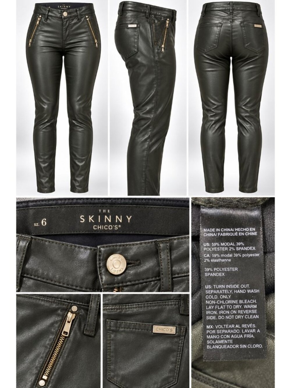 WHITE HOUSE BLACK MARKET Womens The Skinny Zip pockets Faux Leather green Size 6